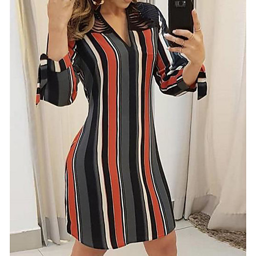 

Women's Orange Dress Sheath Color Block V Neck S M