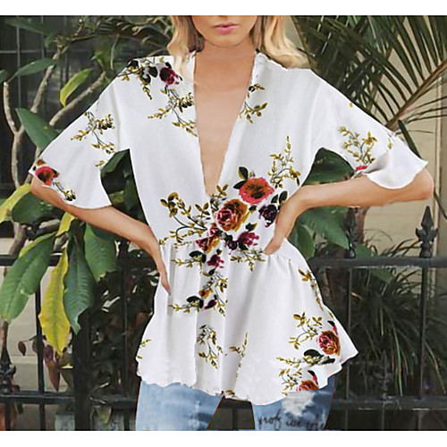 

Women's Daily Shirt - Floral Shirt Collar White