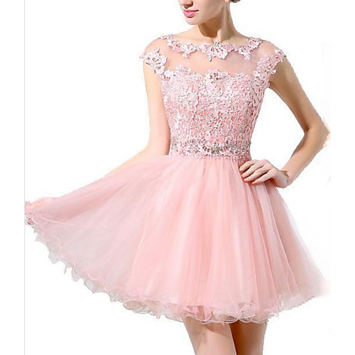 

A-Line Illusion Neck Short / Mini Polyester Hot / Pink Homecoming / Cocktail Party Dress with Beading / Appliques 2020