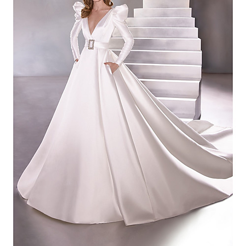 

A-Line Plunging Neck Court Train Satin Long Sleeve Vintage Plus Size Wedding Dresses with Sashes / Ribbons 2020