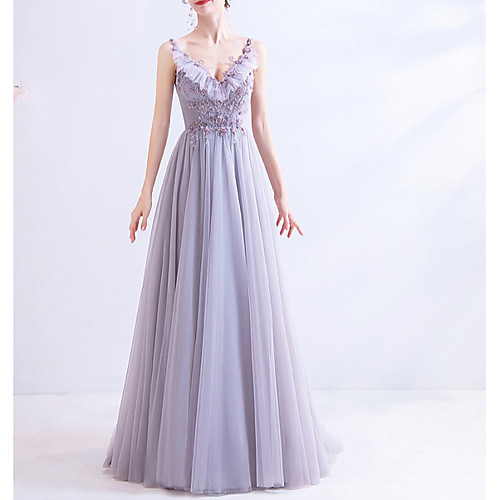 

A-Line V Neck Floor Length Lace / Tulle Bridesmaid Dress with Beading / Appliques / Pleats