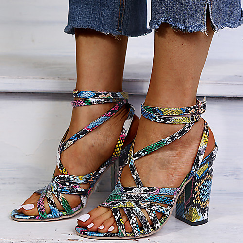 

Women's Sandals Print Shoes Chunky Heel Peep Toe PU Classic Spring & Summer Rainbow