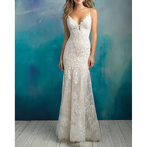 

Mermaid / Trumpet V Neck Floor Length Polyester / Lace Sleeveless Country Plus Size Wedding Dresses with Draping / Appliques 2020