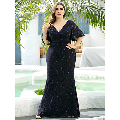 

Mermaid / Trumpet V Neck Floor Length Lace Short Sleeve Plus Size Mother of the Bride Dress with Sequin Mother's Day 2020