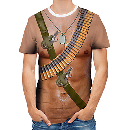 

Men's Party Club Sexy / Military T-shirt - Color Block / 3D / Abstract Print Khaki