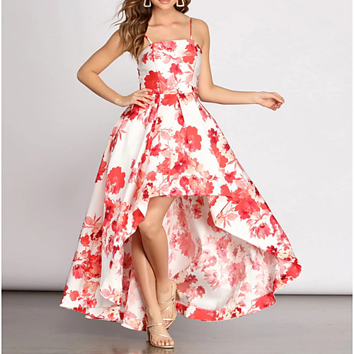 

A-Line Jewel Neck Asymmetrical Polyester / Nylon Floral / White Prom / Holiday Dress with Pattern / Print 2020