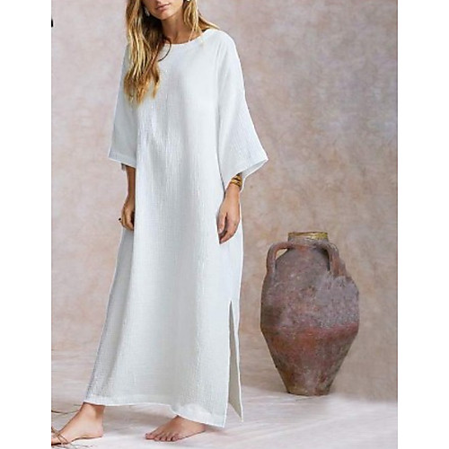 

Women's Maxi Khaki White Dress Spring Vacation Home Loose Shift Tunic Solid Color Split S M / Cotton