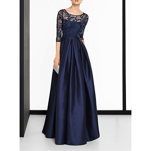 

A-Line Scoop Neck Sweep / Brush Train Satin Elegant / Blue Wedding Guest / Formal Evening Dress with Split / Lace Insert 2020