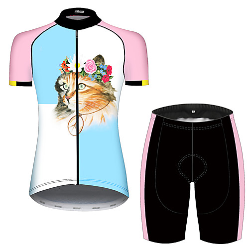 

21Grams Women's Short Sleeve Cycling Jersey with Shorts BluePink Cat Animal Floral Botanical Bike Clothing Suit Breathable 3D Pad Quick Dry Ultraviolet Resistant Sweat-wicking Sports Cat Mountain