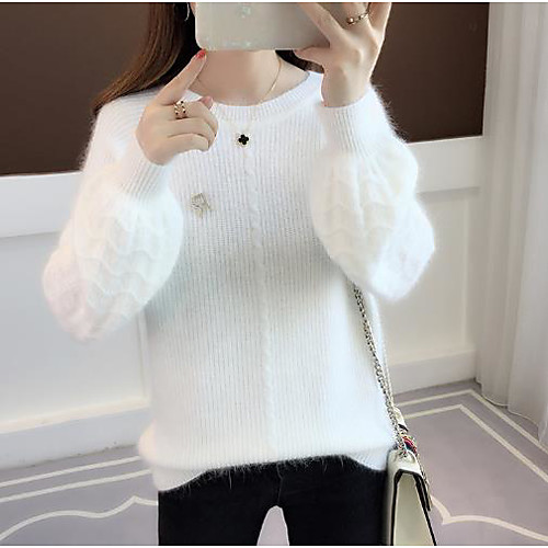 

Women's Solid Colored Long Sleeve Pullover Sweater Jumper, Round Neck Light Brown / White / Yellow One-Size