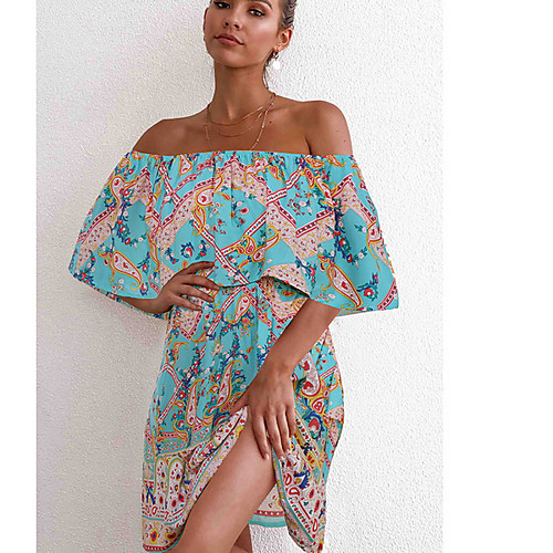 

Women's Purple Yellow Dress Shift Print Off Shoulder S M
