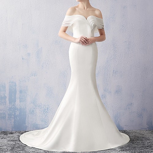 

Mermaid / Trumpet Off Shoulder Sweep / Brush Train Chiffon Short Sleeve Beach Wedding Dresses with Ruched 2020