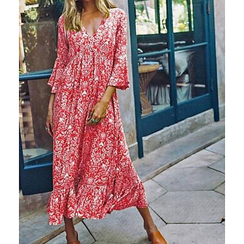 

Women's Maxi Red Green Dress Boho Spring Vacation Beach A Line Swing Print V Neck Floral S M Loose