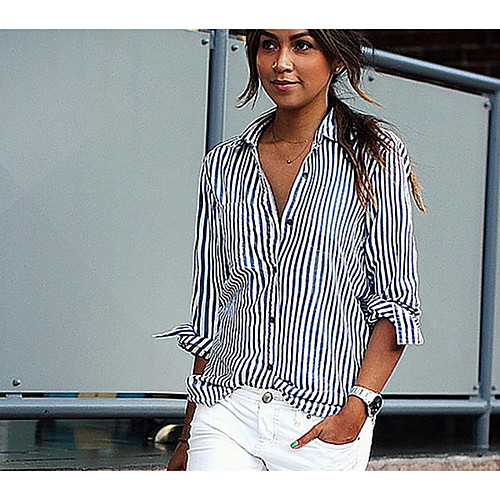 

Women's Daily Shirt - Striped Shirt Collar Blue