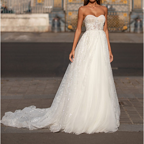 

A-Line Strapless Court Train Chiffon / Tulle Sleeveless Romantic Wedding Dresses with Lace / Appliques 2020