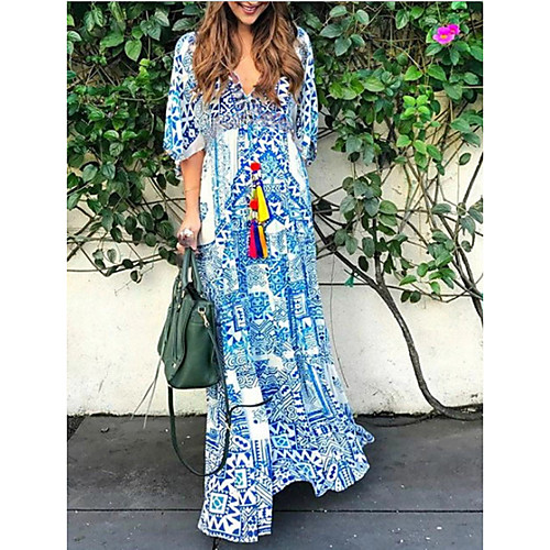

Women's Maxi Light Blue Dress Shift Print Deep V S M Loose