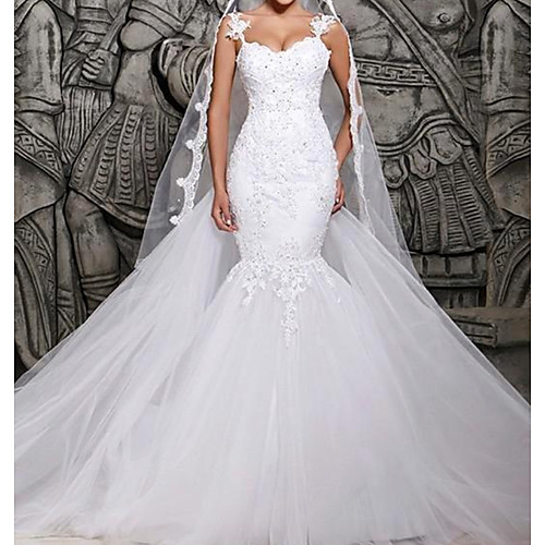 

Mermaid / Trumpet Spaghetti Strap Court Train Polyester Sleeveless Country Plus Size Wedding Dresses with Lace Insert / Appliques 2020