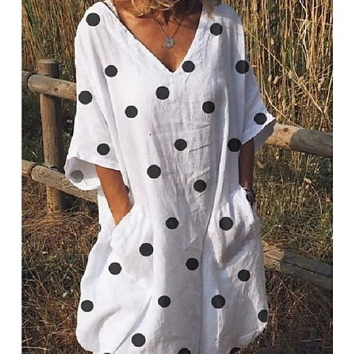 

Women's Yellow Blushing Pink Dress Shift Polka Dot V Neck S M Loose