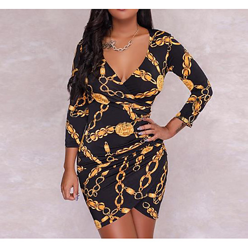 

Women's Asymmetrical Black Dress Bodycon Leopard V Neck S M
