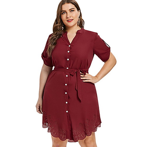 

Women's Wine Dress Sheath Solid Color Shirt Collar XL XXL