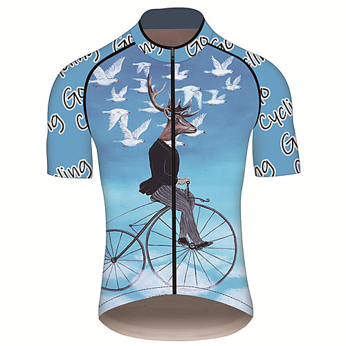 

21Grams Men's Short Sleeve Cycling Jersey 100% Polyester Black / Blue Animal Deer Bird Bike Jersey Top Mountain Bike MTB Road Bike Cycling UV Resistant Breathable Quick Dry Sports Clothing Apparel