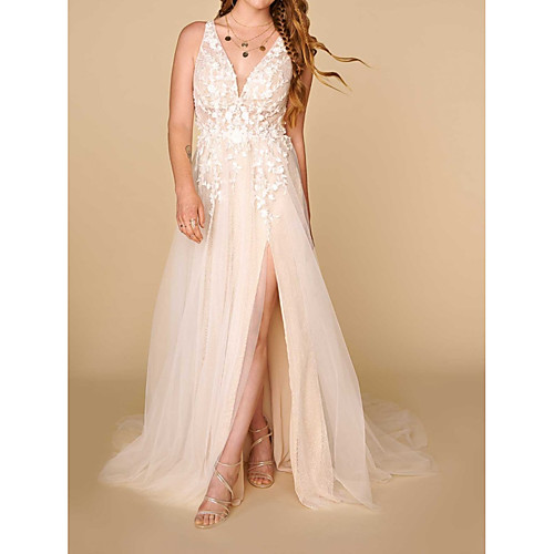 

A-Line Plunging Neck Court Train Lace Sleeveless Country Plus Size Wedding Dresses with Lace / Appliques / Split Front 2020