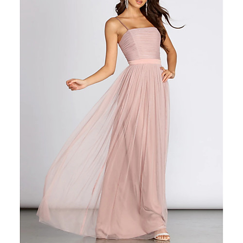 

A-Line Scoop Neck Floor Length Polyester / Chiffon Empire / Pink Prom / Wedding Guest Dress with Pleats 2020