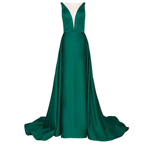 

A-Line Illusion Neck Court Train Polyester Elegant / Green Engagement / Formal Evening Dress with Pleats / Overskirt 2020