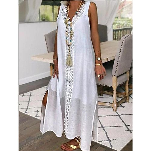 

Women's Maxi White Dress Shift Solid Color V Neck S M Loose