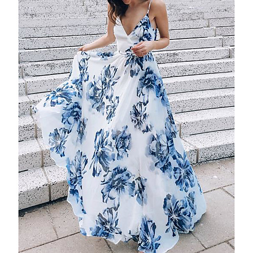 

Women's Maxi Light Blue Dress Summer Holiday Vacation Beach Swing Floral Print Strap S M
