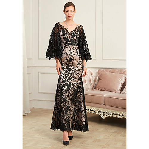 

Sheath / Column V Neck Floor Length Lace / Tulle Sexy / Black Formal Evening / Party Wear Dress with Beading / Appliques 2020