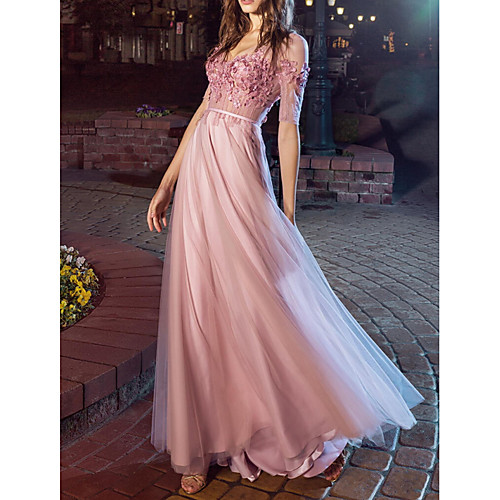 

A-Line V Neck Floor Length Chiffon Sexy / Pink Engagement / Prom Dress with Pleats / Appliques 2020