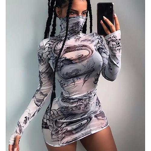 

Women's White Dress Bodycon Print Turtleneck S M