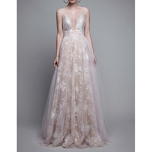 

A-Line V Neck Floor Length Lace Floral / White Engagement / Prom Dress with Pleats / Appliques 2020