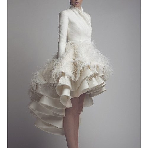 

A-Line High Neck Asymmetrical Satin Long Sleeve Formal Little White Dress Wedding Dresses with Feathers / Fur 2020