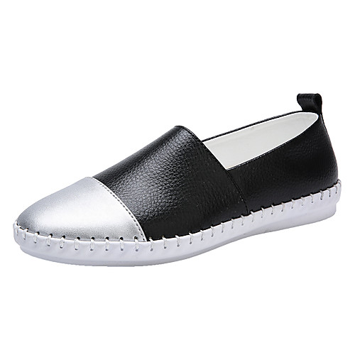 

Women's Loafers & Slip-Ons Flat Heel Round Toe Cowhide Preppy / Minimalism Walking Shoes Fall / Spring & Summer White / Black / Color Block