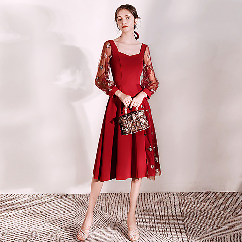 

A-Line V Neck Knee Length Tulle Glittering / Red Cocktail Party / Prom Dress with Sequin / Appliques 2020