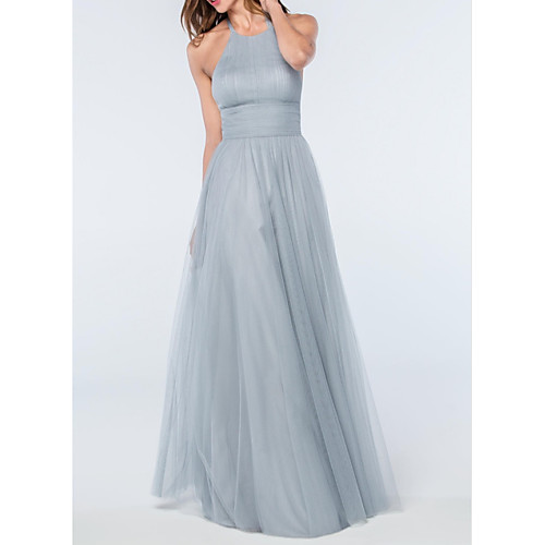 

A-Line Halter Neck Floor Length Tulle Minimalist / Blue Wedding Guest / Prom Dress with Pleats 2020