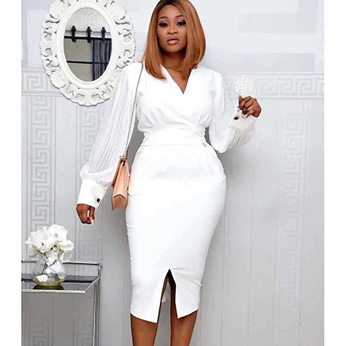 

Women's White Black Dress Sheath Solid Color V Neck M L Slim