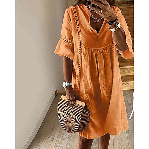 

Women's Orange White Dress Shift Solid Color V Neck S M Loose
