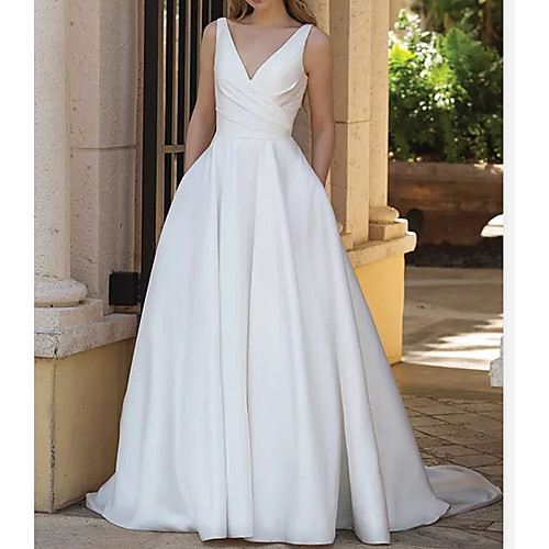 

A-Line V Neck Sweep / Brush Train Satin Sleeveless Country Plus Size Wedding Dresses with Draping 2020