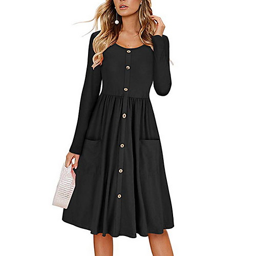 

Women's Wine Green Dress Swing Solid Color U Neck S M