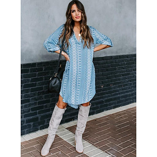 

Women's Asymmetrical Orange Light Blue Dress Shift Print Shirt Collar S M Loose