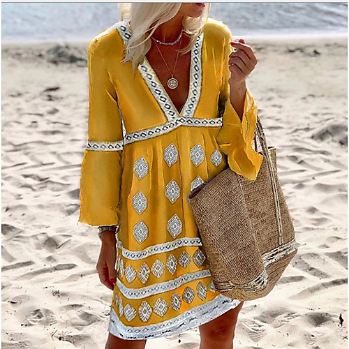 

Women's Yellow Dress Shift Solid Color V Neck S M Loose