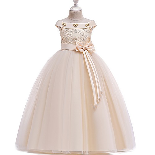 

Princess Bateau Floor Length Cotton Junior Bridesmaid Dress with Bow(s) / Pearls / Appliques