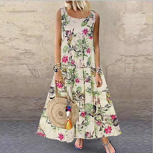 

Women's Maxi Purple Orange Dress Boho Vacation Beach A Line Tunic Abaya Floral Floral S M Loose