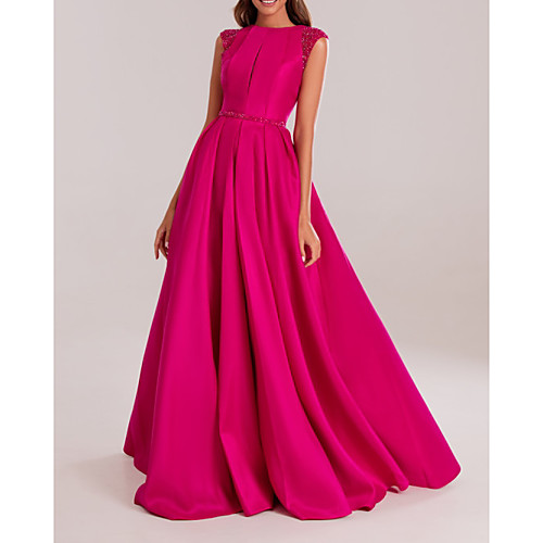 

A-Line Jewel Neck Floor Length Polyester Elegant / Pink Prom / Formal Evening Dress with Pleats / Beading 2020