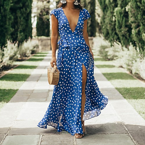 

Women's Maxi Blue Dress Swing Polka Dot Deep V M L