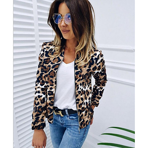 

Women's Daily Regular Jacket, Leopard Stand Long Sleeve Polyester Khaki