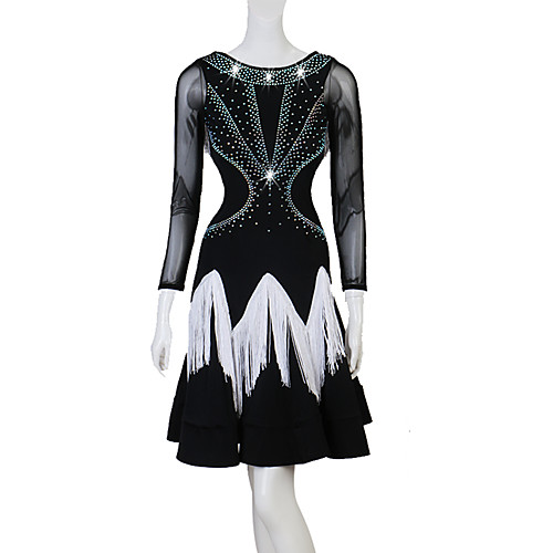 

Latin Dance Dresses Women's Performance Chinlon / Mesh Tassel / Split Joint / Crystals / Rhinestones Long Sleeve Natural Dress